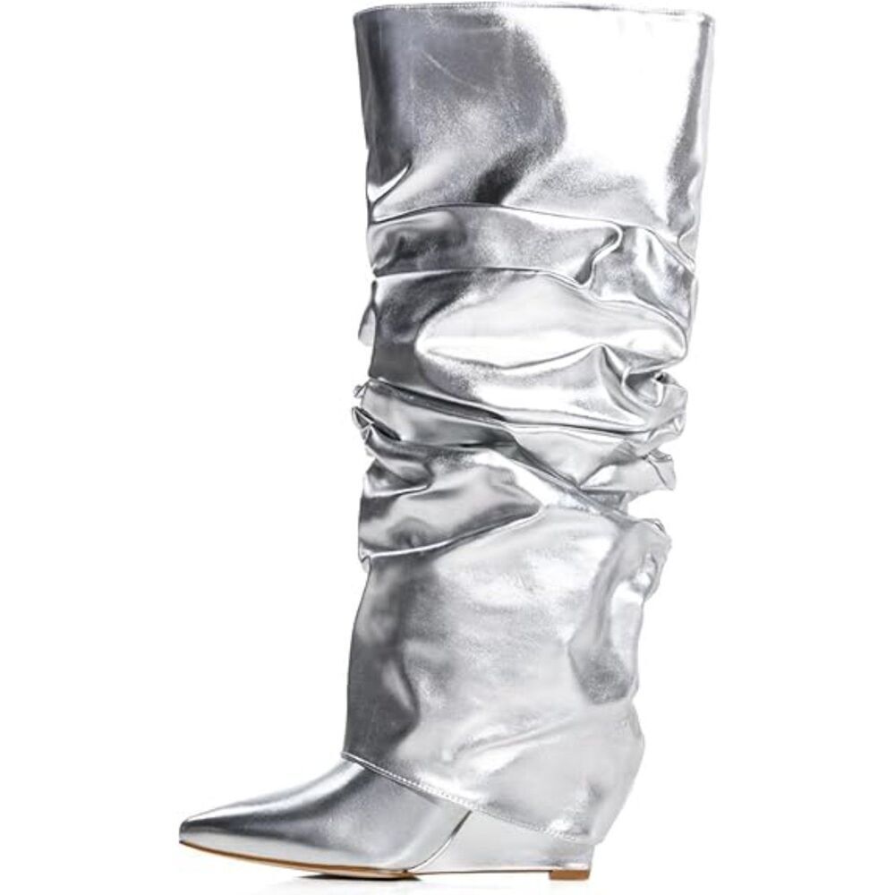 Women's Silver Covered Wedge Heel Patent Wide Calf Pointed Toe Knee High Boot